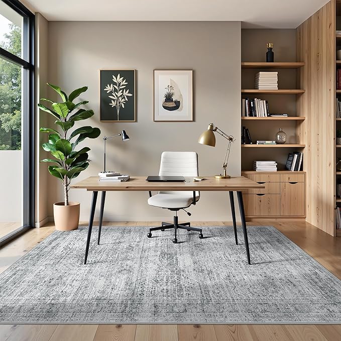 5x7 Area Rugs, Ultra-Thin Washable Rugs for Living Room, Anti-Slip Backing Area Rug for Bedroom, Soft Abstract Vintage Home Decor Rug for Dining Room(5'x7', Grey/Ivory)