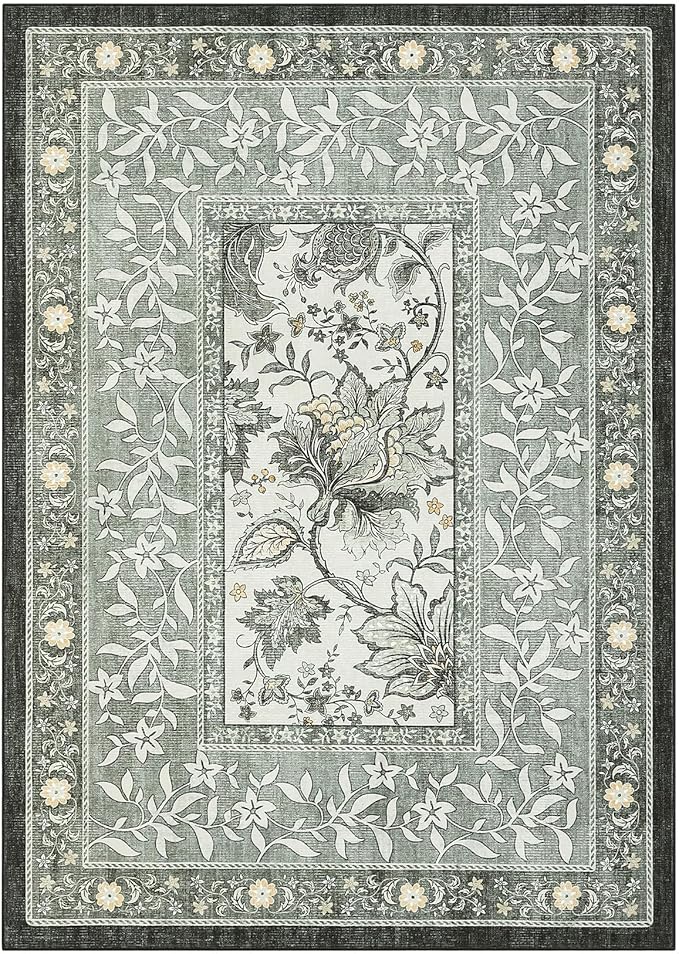 GarveeHome Provence 6x9 Area Rugs, Botanical Grove Soft Cottagecore Non-Slip Washable Rug for Bedroom Living Room Nursery Kitchen Low-Pile Retro Carpet Gray Fog Green