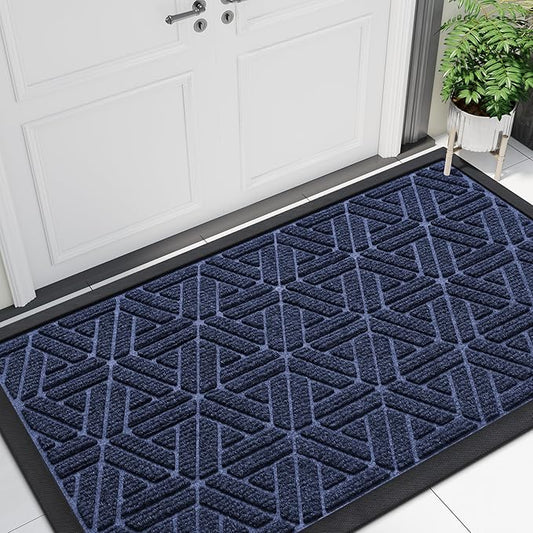 Smiry Front Door Mat Outside Entrance, Heavy Duty Sturdy Natural Rubber Doormat, Trap Dirt and Moisture, Easy Clean Low Profile Mats for Indoor Outdoor Entry, Grid Geometric (47x23, Navy Blue)