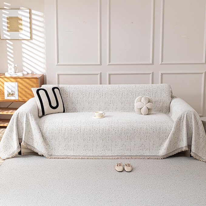Couch Cover for Dogs, Boho Sofa Covers for 3 Cushion Couch, Chenille Slipcover for Pets Washable, L-Shape Sectional Couch Loveseat Cover Soft Throw Blankets with Tassels(91x134,Speckled Beige)