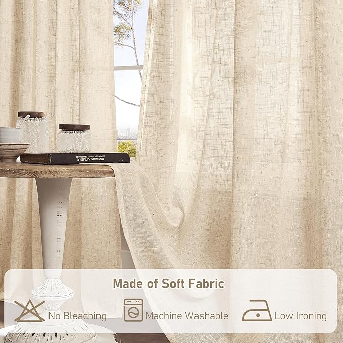 LAMIT Linen Kitchen Curtains 24 Inch Length, Semi Sheer Light Filtering Window Panels Back Tab and Rod Pocket Drapes for Basement/Small Windows, 25 x 24 Inch, 2 Panels