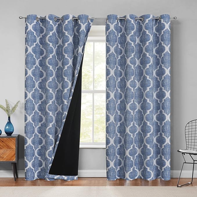 Beauoop 100% Blackout Curtains 90 Inches Long 2 Panels for Bedroom Living Room Blue Moroccan Geo Room Darkening Thermal Insulated Soundproof Grommet Top Window Treatments Drapes, 50x90 Set of 2