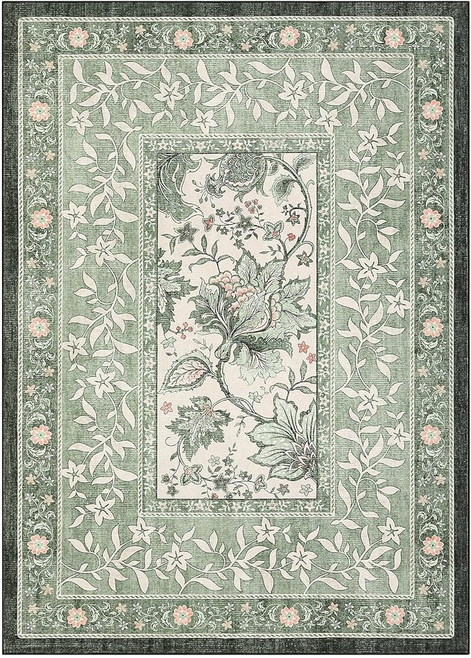 GarveeHome Provence Botanical Grove 4x6 Rug Sage Green Vintage Cottagecore Carpet 4 x 6 Area Rug for Bedroom Living Room Nursery Kitchen Entryway Indoor Mat