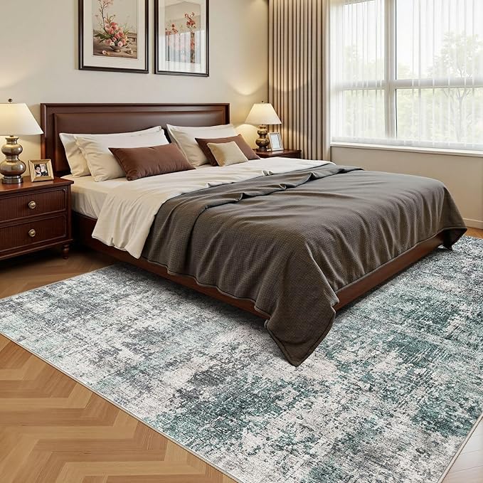 UERMEI 8x10 Area Rug Living Room Rugs - Washable Neutral Modern Abstract Soft Thin Large Rug Indoor Floor No Slip Rug Carpet for Bedroom Under Dining Table Home Office Decor - Green/Grey