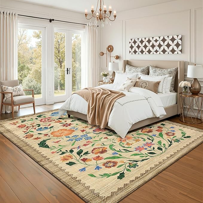 GarveeHome Washable Rug 4x6 Area Rugs for Living Room, Floral Rug for Bedroom, Soft Boho Non Slip Throw Rugs with Rubber Back, Low Pile Stain Resistant Vintage Floral Carpet for Dining Room, Beige