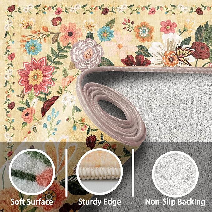 Area Rug 4x6 Rug Washable Boho Rugs Non Slip Low Pile Floral Small Carpet for Bedroom, Bedside, Kids Room, Office, Dining Room(4 x 6, Yellow Garden)