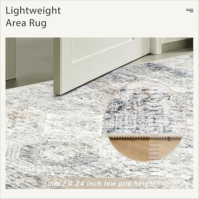 Washable Area Rug 8x10, Large Soft Rugs for Living Room Vintage 8x10 Area Rugs for Bedroom Dining Room Non-Slip Stain Resistant Under Table Blue Ivory Rug