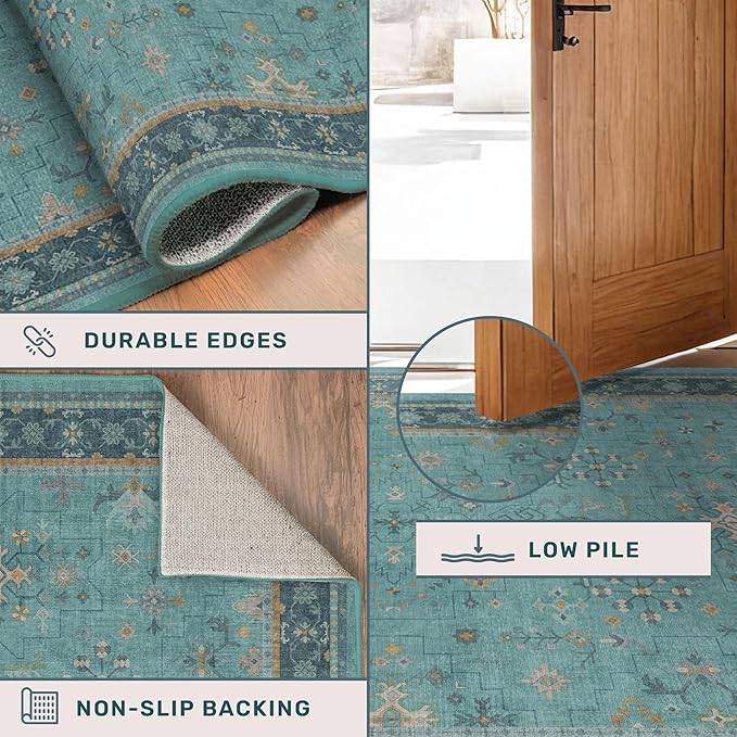 Teal 4x6 Rugs for Entryway Indoor - Vintage Non Slip Throw Rug for Large Kitchen, Bedroom, Boho Turquoise Modern Décor - Geometric Floral Design, Low Pile Stain Resistant Carpet