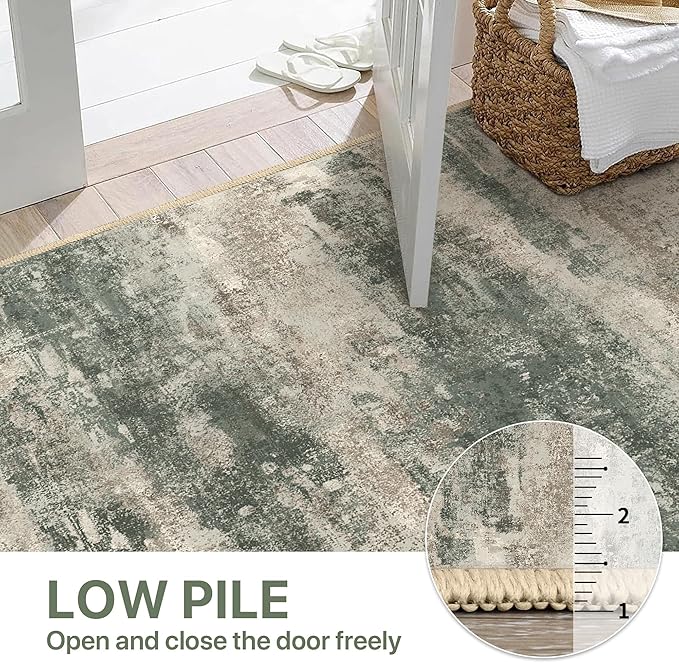 BEIMO Runner Rug for Hallway Kitchen, 2'x7' Machine Washable Runners Rug for Entryway, Soft Modern Abstract Throw Rugs, Low Pile Floor Cover with Non Slip Backing, Grey/Dark Green