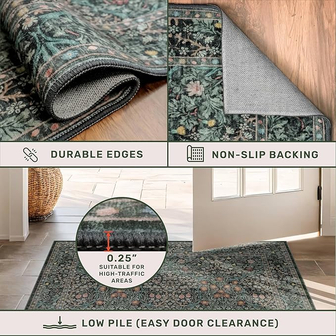 Dining Room Rugs for Under Table - 6x8 Washable Dark Green Area Rug for Living Room, Low Pile Non-Slip Floor Carpet for Bedroom - Vintage Design & Stain Resistance