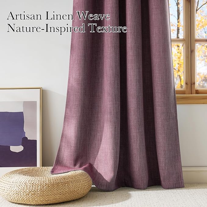 NICETOWN Greyish Purple Faux Linen Room Darkening Rod Pocket Curtains 63 inch Length, W42 x L63, Light Blocking Thermal Insulated Noise Reducing Drapes for Bedroom Farmhouse Decor, 2 Panels