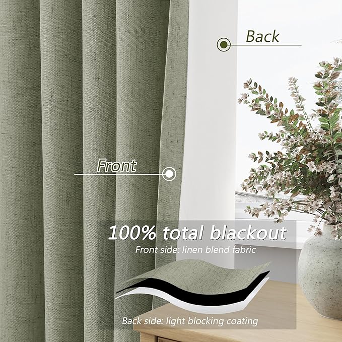 Sage Green 100% Blackout Linen Curtains 94 Inch Length 2 Panels Set for Living Room Bedroom Back Tab Thermal Insulated Black Out Drapes Room Darkening Window Curtains 94 Inches Long