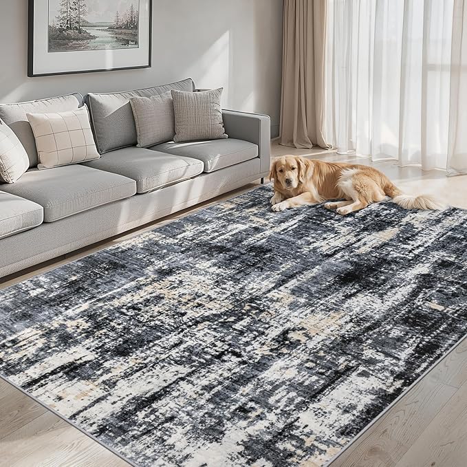 Area Rugs 10x14 Living Room - Washable Rug Modern Abstract Soft Large Neutral Non-Slip Carpet Indoor Floor Thin Carpets for Bedroom Dining Room Farmhouse Nursery Home Office Black Gold