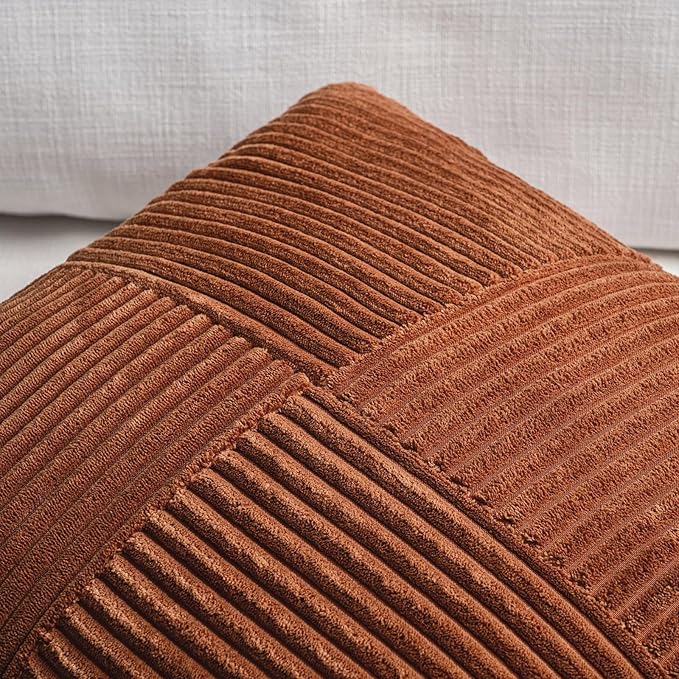 Fancy Homi 2 Packs Rust Boho Decorative Throw Pillow Covers 18x18 Inch for Couch Bed Sofa, Farmhouse Fall Home Decor, Soft Corss Corduroy Patchwork Textured Terracotta Accent Cushion Case 45x45 cm