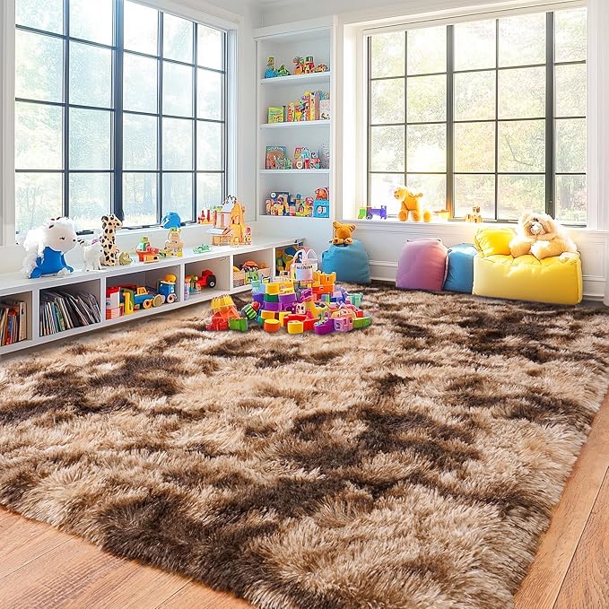 Pionblank Large Area Rug for Living Room 10x14, Fuzzy Modern Shag Rug Brown, Fluffy Plush Non Slip Soft Furry Carpet for Bedroom Kids Room Nursery Teens Dorm Home, Tie-Dyed Coffee