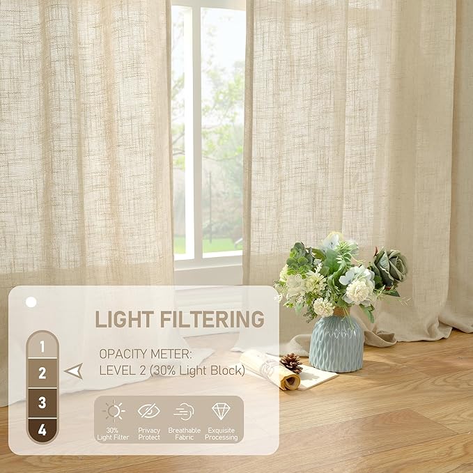 LAMIT Natural Linen Blended Curtains for Living Room, Back Tab and Rod Pocket Semi Sheer Curtains Light Filtering Country Rustic Drapes for Bedroom/Farmhouse, 2 Panels, 52 x 108 Inch, Linen