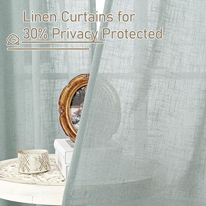 LAMIT Sheer Linen Curtains 63 inches Long for Bedroom, Back Tab and Rod Pocket Linen Drapes Light Filtering Semi Sheer Curtains for Small Window/Farmhouse, 2 Panels (38 x 63 Inch, Greyish Blue)