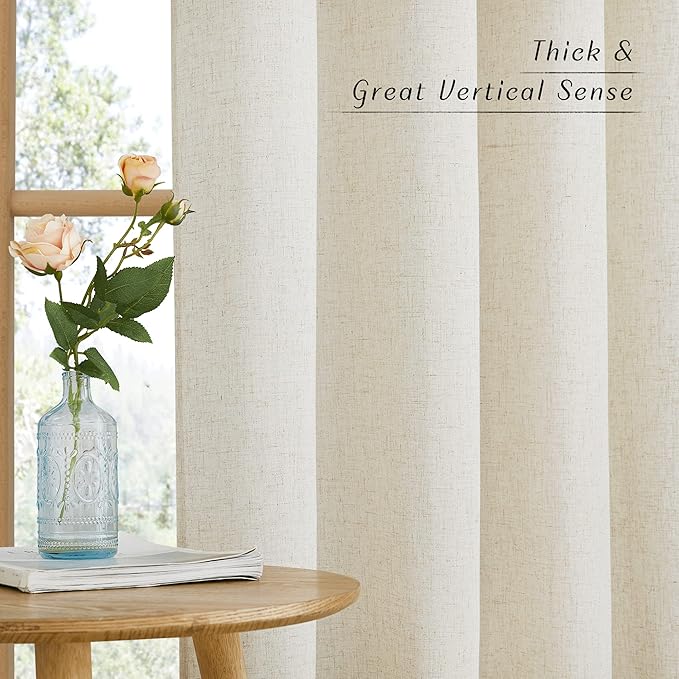 NICETOWN Thick Linen Blend Curtains Flax Textured for Bedroom, Rustic Grommet Semi Sheer Privacy Added Window Curtains & Drapes Light Filtering for Nursery, Natural, W42 x L63, Set of 2