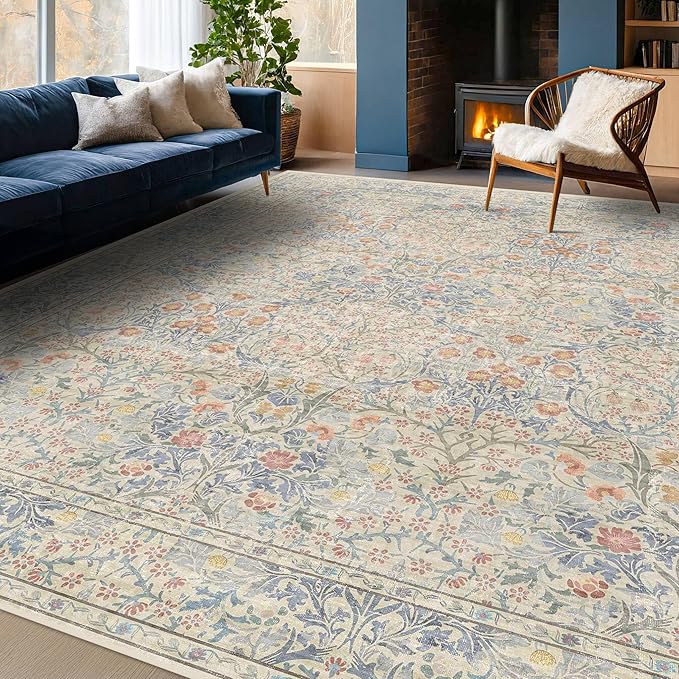 7x10 Washable Rug for Living Room - Stain Resistant Dining Room Rugs for Under Table, Soft Low Pile Large Carpet for Bedroom - Vintage Floral Non-Slip (Beige Blue)