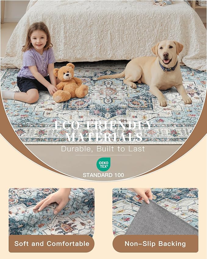 Madane 4x12 Wide Hallway Runners: Washable Runner Rug for Entryway Living Room Soft Vintage Non Slip Carpet Runner for Kitchen Dining Room Nursery Bedroom Thin Area Rug (Blue, 4x12ft)