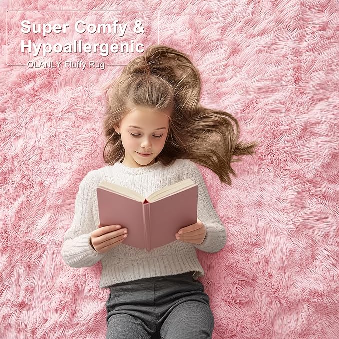 OLANLY 8x10 Machine Washable Large Area Rugs for Living Room, Bedroom, Soft Fluffy Shaggy Bedside Rug, Indoor Floor Carpet for Kids Girls and Boys, Dorms, Nursery, Home Decor Aesthetic, Pink