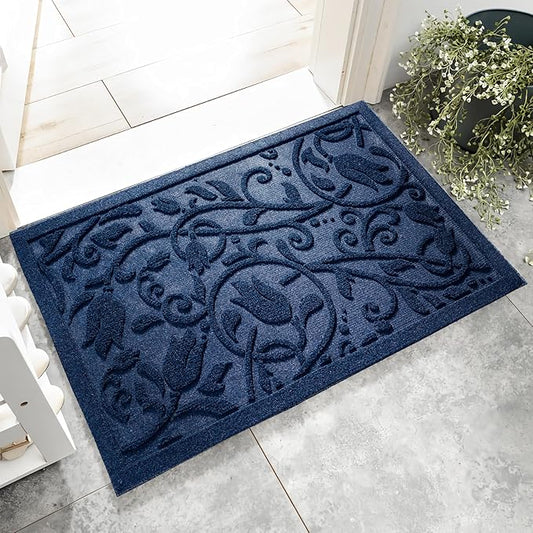 Boho Blue Floral Leaves Outdoor Indoor Entrance Doormats, Absorbent Durable Heavy Duty Welcome Front Door Mat,Thick Natural Rubber Back,Easy Clean Entryway Mat 23x35 Inch, Low Profile