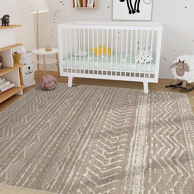 Nakagishi 7x10 Area Rugs Living Room: Washable Boho Large Neutral Soft Farmhouse Rug Stain Resistant Modern Geometric Non-Slip Indoor Floor Carpet for Bedroom Nursery Kids Playroom Office Dining Room