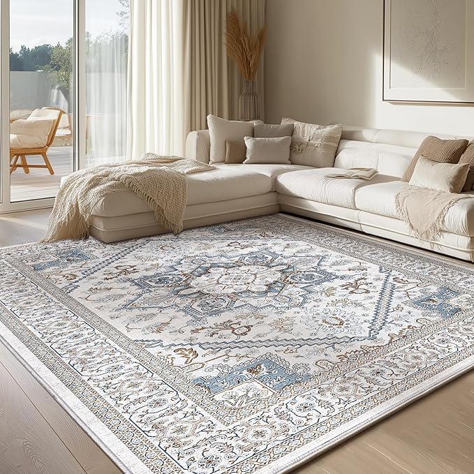 OPPODREAM Soft Neutral Area Rugs 4x6, Low-Pile Washable Rugs 4x6 with Non Slip Backing, Faux Cashmere 4 x 6 Throw Carpet, Cream White & Blue & Light Brown