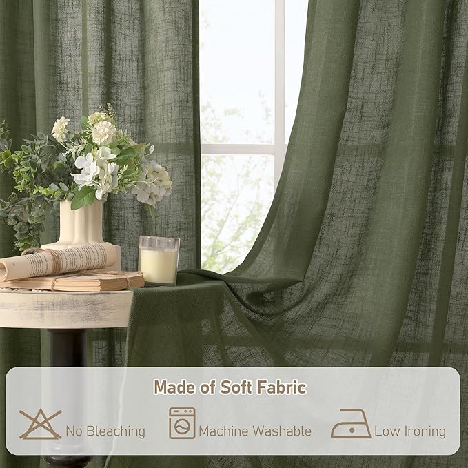 LAMIT Semi Sheer Short Linen Curtains 36 Inch Length 2 Panels, Light Filtering Panels Back Tab and Rod Pocket Neutral Drapes for Kitchen/Loft Room, Olive Green, 25 x 36 Inch