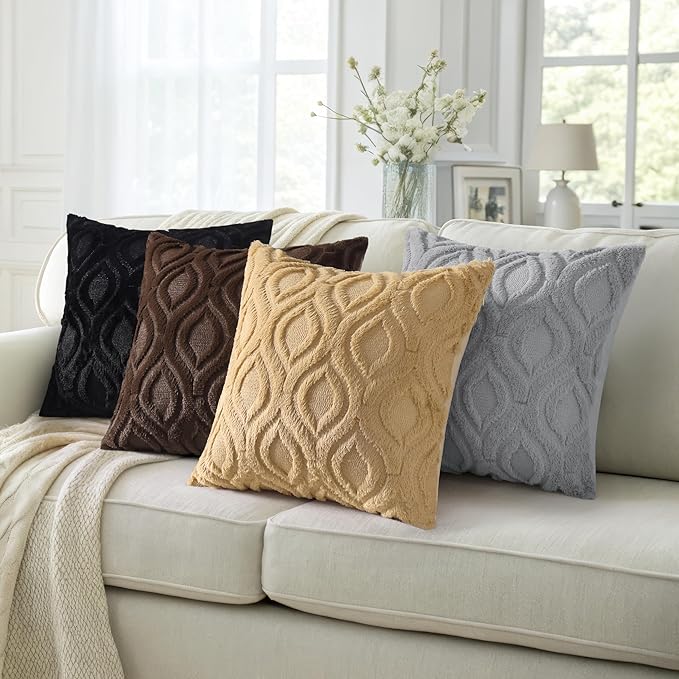 decorUhome Throw Pillow Covers 18x18 Inch Set of 2, Soft Plush Faux Wool Black Solid Couch Pillow Covers, Accent Farmhouse Neutral Square Pillow Cases for Sofa Bed Living Room