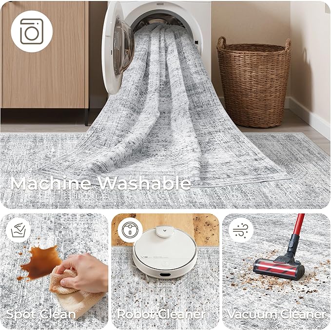Kitchen Runner Rug Non Slip - 2.5 x 8 Runners for Hallways, Entryway, Bedroom, Washable Runner Rugs for Bathroom, Laundry Room, Low Pile Soft Vintage Area Rug(2.5'x8', Grey/Ivory)