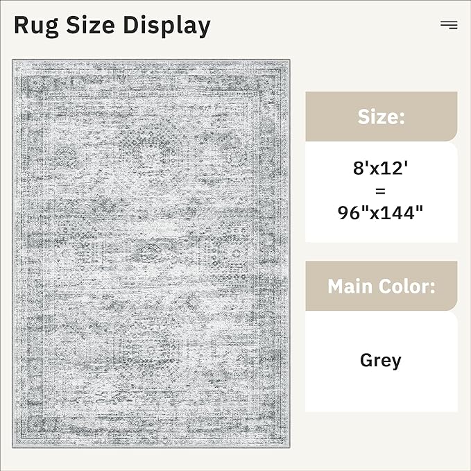 Washable Area Rug 8x12, Large Soft Rugs for Living Room Vintage Grey Carpet 8x12 Area Rugs for Bedroom Dining Room Non-Slip Stain Resistant Under Table Rug