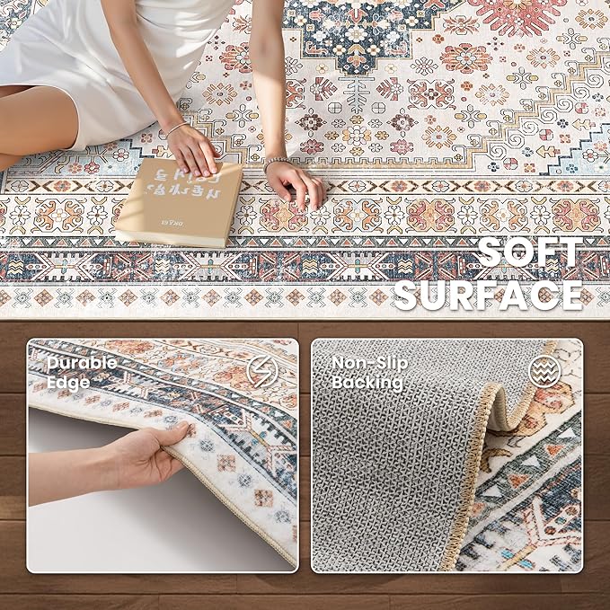 zesthome 9x12 Area Rugs for Living Room,Non-Slip Backing Washable Rugs,Vintage Large Area Rug，Stain Resistant Home Decor Rug (Multi,9'x12')