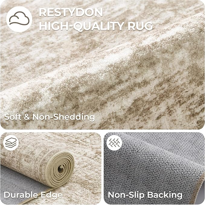 5x7 Area Rugs, Ultra-Thin Washable Rugs for Living Room, Anti-Slip Backing Area Rug for Bedroom, Soft Abstract Vintage Home Decor Rug for Dining Room(5'x7', Brown/Ivory)