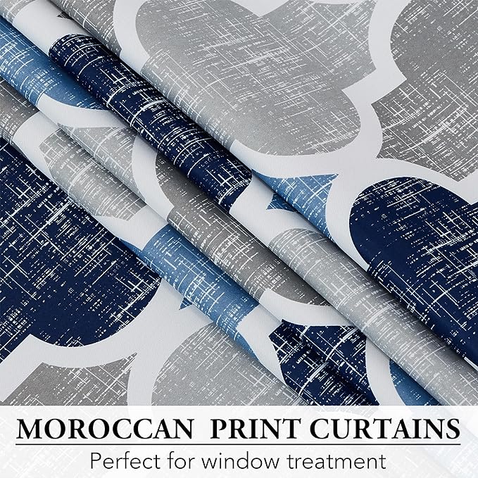Beauoop 100% Blackout Curtains 54 Inches Long 2 Panels for Bedroom Living Room Blue Grey Moroccan Geo Room Darkening Thermal Insulated Soundproof Grommet Top Window Treatments Drapes, 50x54 Set of 2