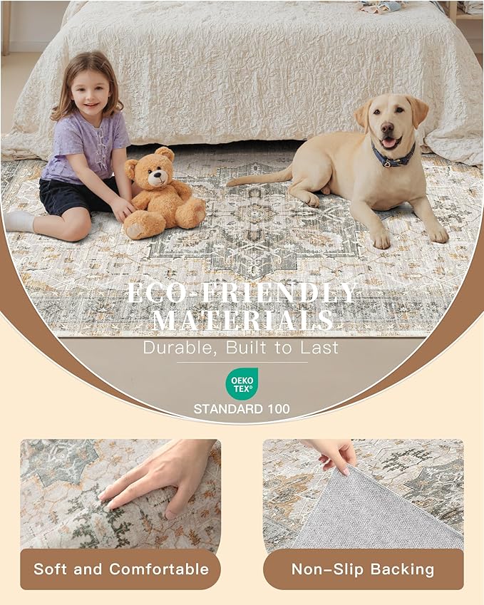 Madane Hallway Runner Rug 2x12, Long Washable Runner Rugs 12ft with Rubber Backing, Non Slip Carpet Runner, Vintage Rug Runners for Kitchen Laundry Room Entryway (Light Taupe Brown, 2'x12')
