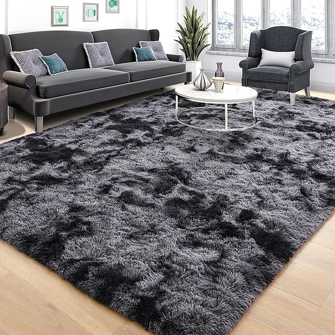 Tepook Soft Fluffy Rugs for Living Room, 5x8 Shaggy Area Rug for Bedroom, Modern Shag Rug Fuzzy Carpets for Kids, Plush Indoor Nursery Home Decor Rug with Non-Slip Bottom, Tie-dye Dark Grey