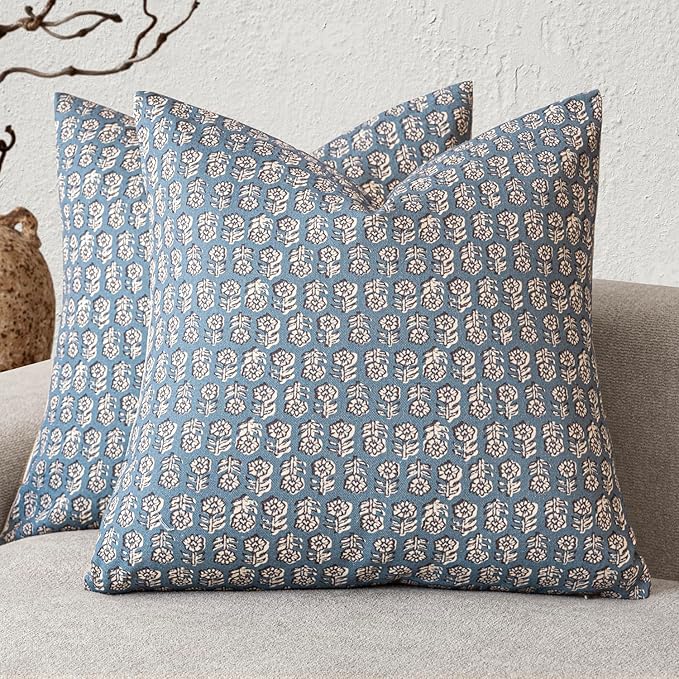 Foindtower Set of 2 Decorative Vintage Floral Print Throw Pillow Covers Neutral Modern Farmhouse Cushion Covers Boho Home Decor for Sofa Couch Chair Bedroom Living Room,20×20 Inch,Dusty Blue