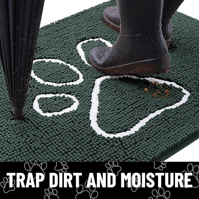 Smiry Dog Door Mat for Muddy Paws, Absorbent Dirt Trapper Non Slip Quick Dry Washable Chenille Mat for Mud Dogs, Entry Rug for Indoor and Outdoor (59x35 Inches, Green and White)