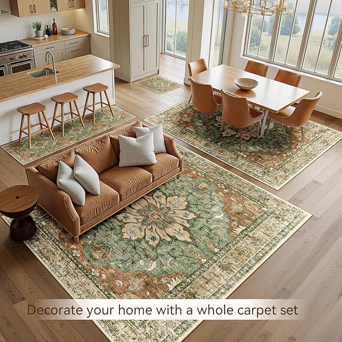 Area Rugs 10'x14' Washable Non-Slip, Floral Vintage Distress Print Pattern Medallion Carpet for Living Room Bedroom Dining Room, Brick Red Rust Neutral Brown Burnt Orange Green