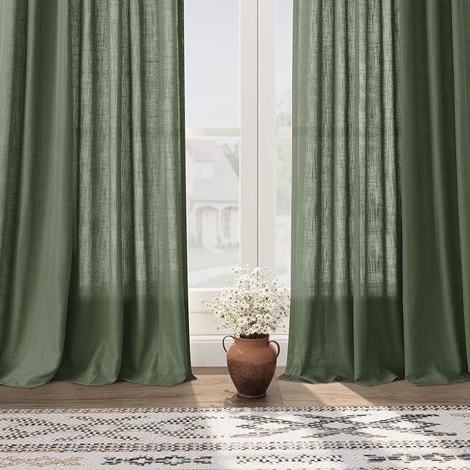 Nanspring Olive Green Linen Sheer Curtains 84 Inch Length 2 Panels for Living Room Bathroom Set Back Tab Rod Pocket Semi Sheer Light Filtering Breathability Farmhosue Country Style 60x84