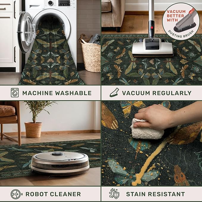 Hazo Haus Forest Green Rugs for Living Room - 9x12 Big Rugs for Bedroom, Dining Room, Guest Room, Insect Moth Décor, Non Slip Low Pile