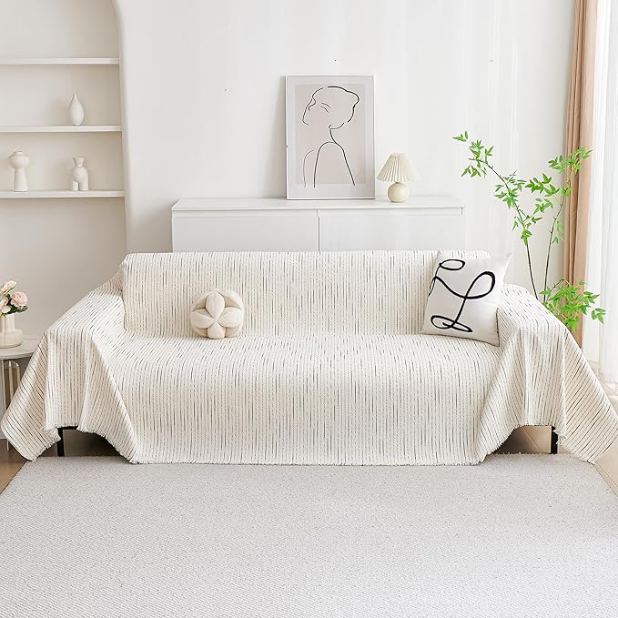 MYSKY HOME Couch Cover for Dogs, Sectional Couch Cover, Beige Lines Sofa Covers for Sectional Sofa L Shape Chenille Couch Protector for Dogs Pets Couch Covers Washable Soft Throw, 71"X150"