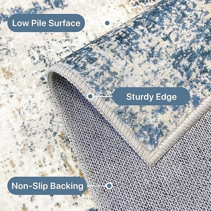 BEIMO Machine Washable Rug 9x12 Area Rugs for Living Room Bedroom, Large Navy Blue Beige Abstract Area Rug Soft Throw Rugs, Low-Pile Floor Carpet with Non Slip Rubber Backing
