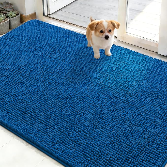 OLANLY Dog Door Mat for Muddy Paws 48x30, Absorbs Moisture and Dirt, Absorbent Non-Slip Washable Doormat, Quick Dry Chenille Mud Mat, Entry Indoor Entryway Carpet for Inside Floor, Deep Navy Blue