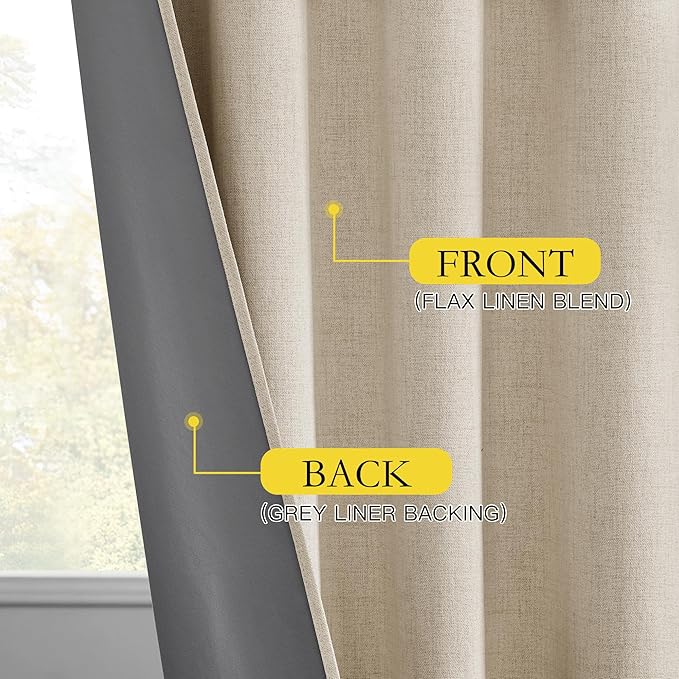NICETOWN Cream Thick Linen Blend 100% Blackout Curtains 63" Long 2 Panels Set for Bedroom, 42" Wide, Rustic Grommet Thermal Insulated Flax Textured Full Blackout Window Draperies with Grey Liners