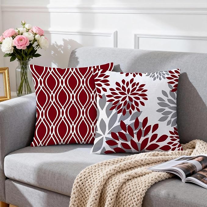 Hexagram Geometric Burgundy Pillow Covers 18x18 Set of 4, Decorative Outdoor Boho Modern Throw Pillow Covers, Home Sweet Home Farmhouse Cushion Case for Couch Sofa Bedroom Indoor Decor(No Insert)