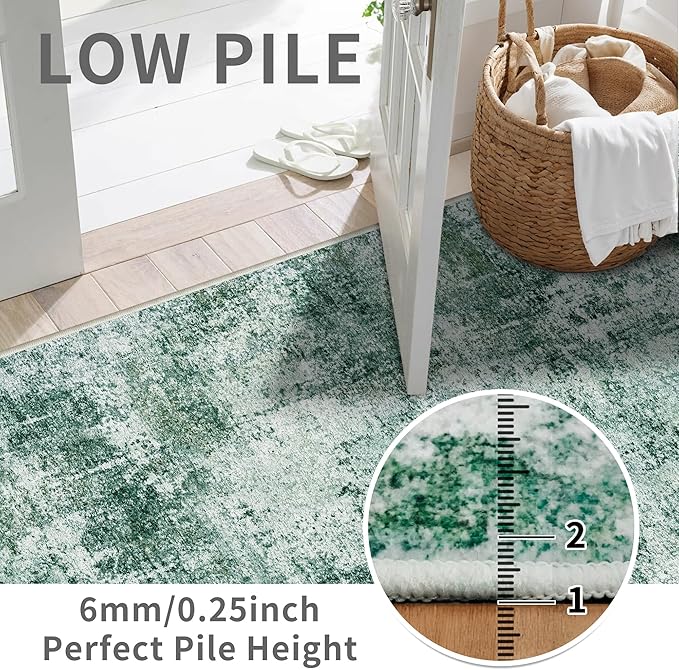 2x5 Washable Runner Rug for Hallway: Non Slip Entryway Runners Rugs Easy-to-Clean - Soft Living Room Bedroom Carpet - Thin Low Pile Floor Mat for Dining Room Green
