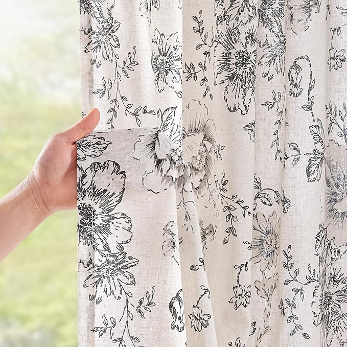 jinchan Linen Blend Curtain Floral Curtains for Living Room 96 Inch Length Black Printed Curtain Rod Pocket Back Tab Farmhouse Peony Flower Patterned Drapes Bedroom Window Curtains Set 2 Panels