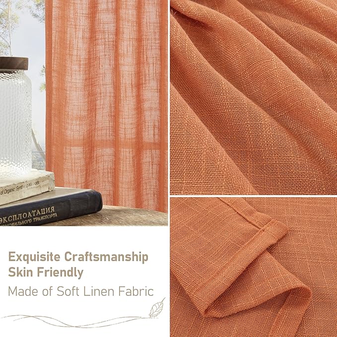 LAMIT Orange Linen Curtains 40 Inch Length, Semi Sheer Light Filtering Panels Back Tab and Rod Pocket Rust Country Decor Drapes for Small Windows/Kitchen, Burnt Orange, 2 Panels, 34 x 40 Inch